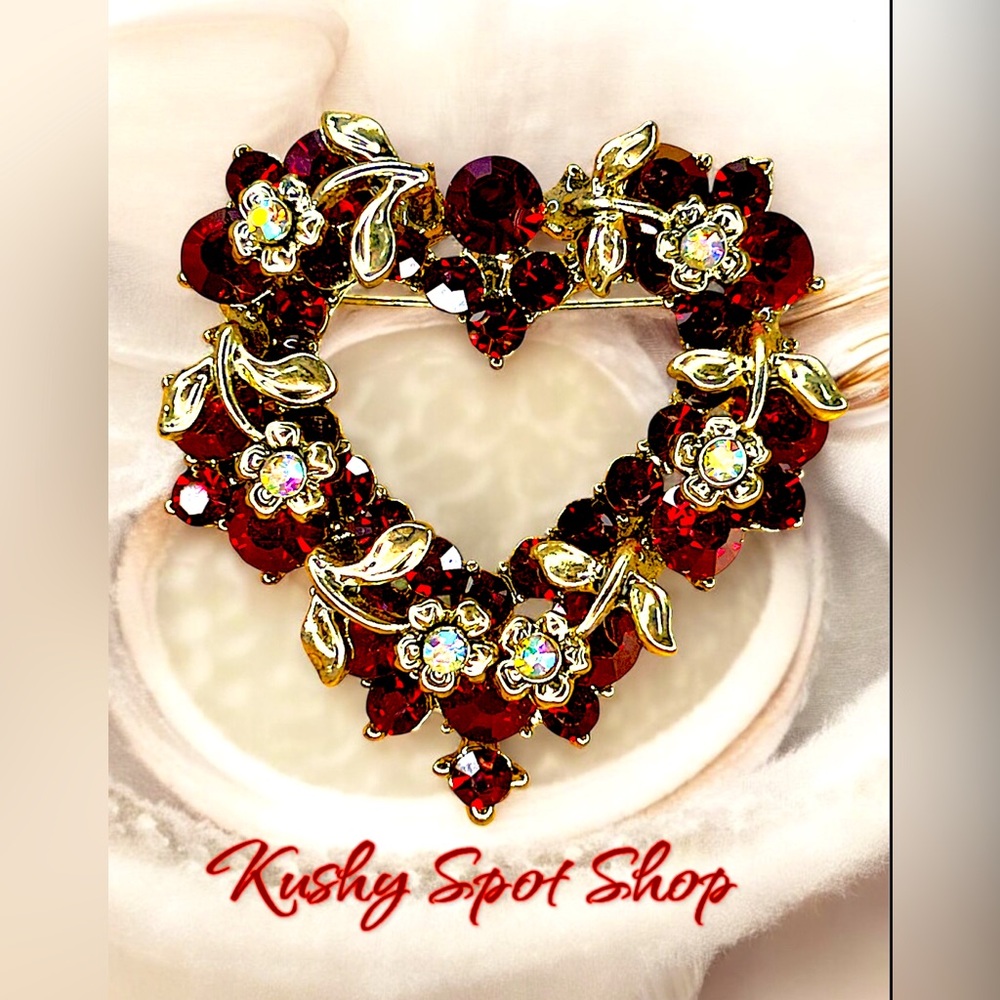 Vintage✨♥️💎 Signed OPC CN™️ Garnet Color/AB Crystals Floral ♥️ Heart Brooch✨♥️💎